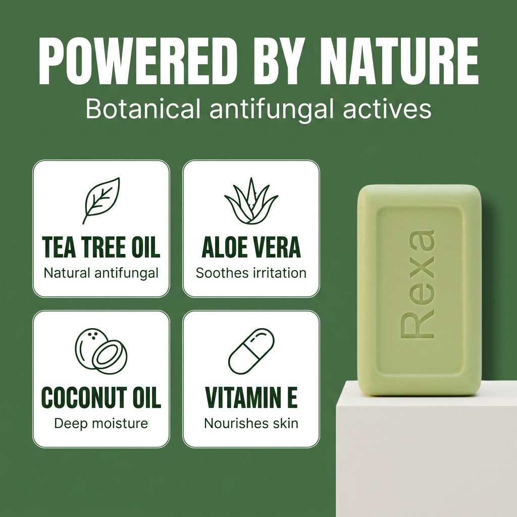 Rexa tea tree body bar — front view showing natural sage green soap on cream backdrop