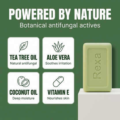 Rexa tea tree body bar — front view showing natural sage green soap on cream backdrop