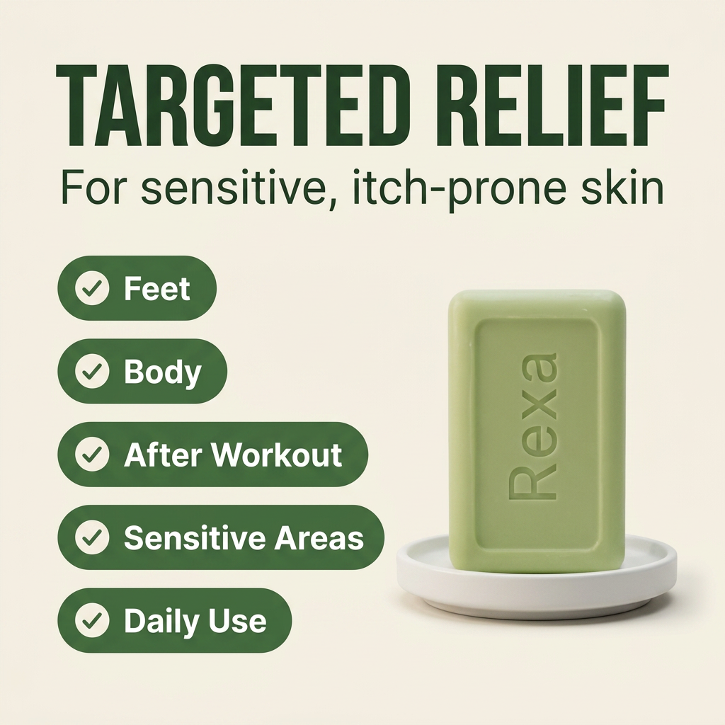 Rexa tea tree body bar — close-up product shot showing natural texture and color