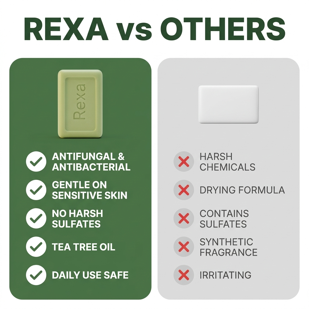 Rexa tea tree body bar — angled lifestyle product shot with botanical styling