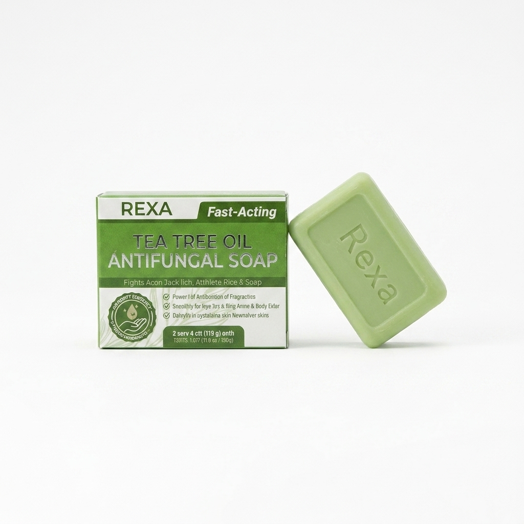 Rexa Natural Tea Tree Cleansing Body Bar in sage green packaging on warm cream background