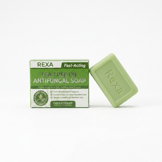 Rexa Natural Tea Tree Cleansing Body Bar in sage green packaging on warm cream background